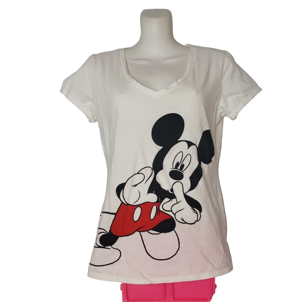 DISNEY Mickey Mouse Shh... Whisper V Neck White T Shirt Juniors Size XL